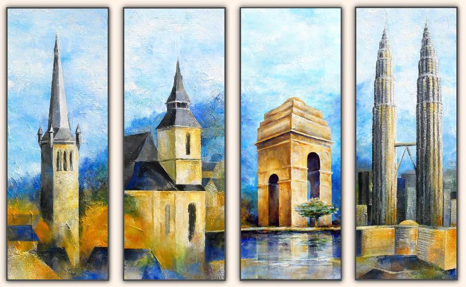 4 Schilderijen voor in de hal van een bedrijf met vestigingen in Steenwijk, Brasov, New Dephi en Kuala Loempoer, 2005-2008, afm.: 4 maal: 186 x74 cm